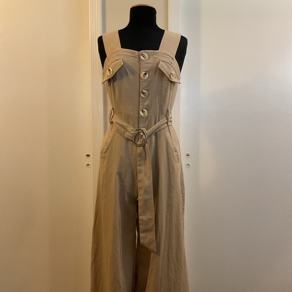 🌹 Khaki Beige Belted Utility Linen Button Down Sleeveless Jumpsuit - Picture 1 of 8